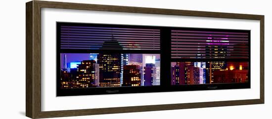 Window View with Venetian Blinds: Tops of Skyscrapers and Buildings at Times Square by Night-Philippe Hugonnard-Framed Photographic Print