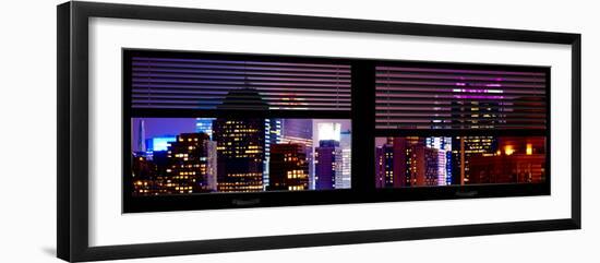 Window View with Venetian Blinds: Tops of Skyscrapers and Buildings at Times Square by Night-Philippe Hugonnard-Framed Photographic Print