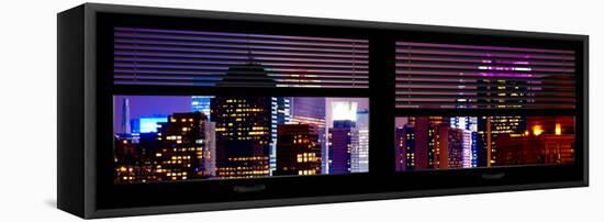 Window View with Venetian Blinds: Tops of Skyscrapers and Buildings at Times Square by Night-Philippe Hugonnard-Framed Stretched Canvas