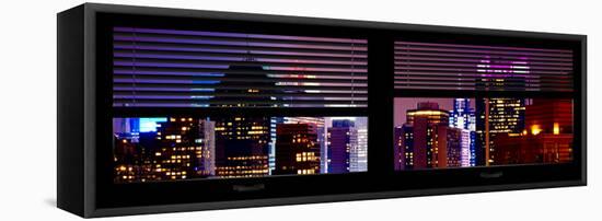 Window View with Venetian Blinds: Tops of Skyscrapers and Buildings at Times Square by Night-Philippe Hugonnard-Framed Stretched Canvas