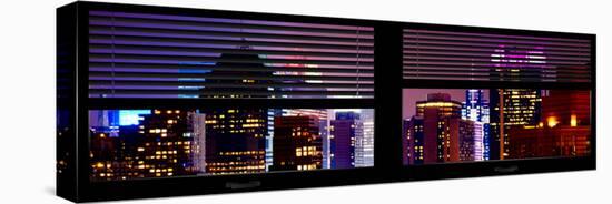 Window View with Venetian Blinds: Tops of Skyscrapers and Buildings at Times Square by Night-Philippe Hugonnard-Stretched Canvas