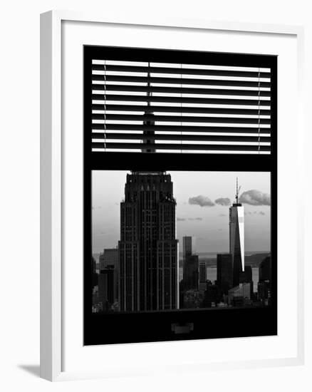 Window View with Venetian Blinds: Tops of the Empire State Building and One World Trade Centerfall-Philippe Hugonnard-Framed Photographic Print