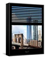 Window View with Venetian Blinds: Vertical Format of NYC Center and Brooklyn Bridge - Manhattan-Philippe Hugonnard-Framed Stretched Canvas