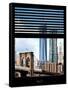 Window View with Venetian Blinds: Vertical Format of NYC Center and Brooklyn Bridge - Manhattan-Philippe Hugonnard-Framed Stretched Canvas