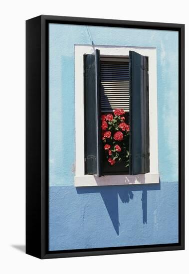 Windowwith Venetian Blinds and Shutters on Blue Wall. - Burano, Venice-Robert ODea-Framed Stretched Canvas