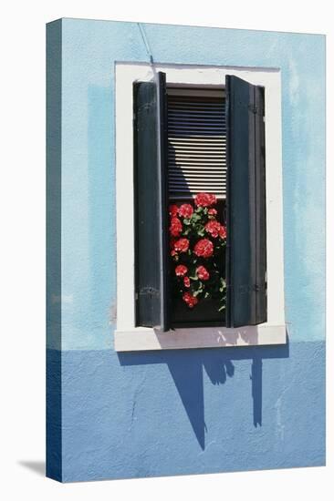 Windowwith Venetian Blinds and Shutters on Blue Wall. - Burano, Venice-Robert ODea-Stretched Canvas