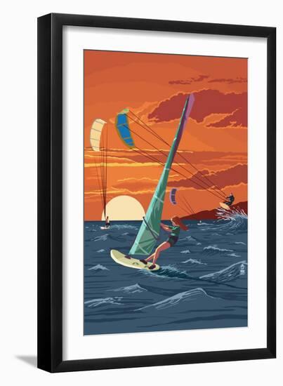 Windsurfers and Sunset-Lantern Press-Framed Art Print
