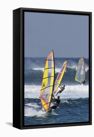 Windsurfing on the Ocean at Sunset, Maui, Hawaii, USA-Gerry Reynolds-Framed Stretched Canvas