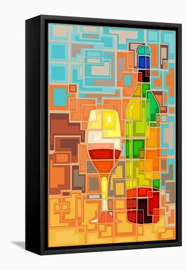Wine Bottle and Glass Geometric-Lantern Press-Framed Stretched Canvas