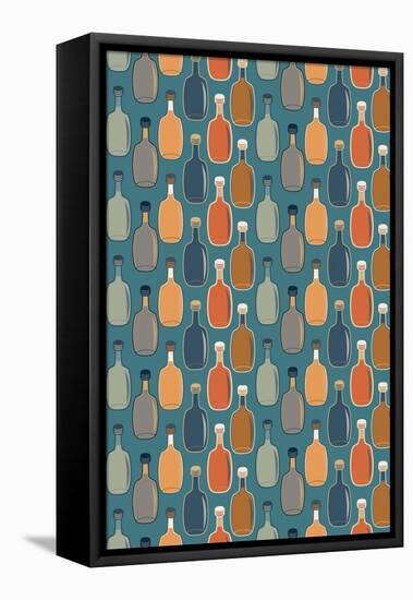 Wine Bottle Pattern (Blue Background)-Lantern Press-Framed Stretched Canvas