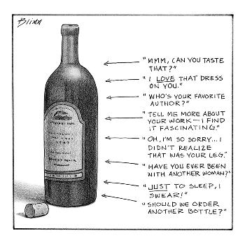 Wine bottle with eight things to say at different levels of intoxication -  New Yorker Cartoon' Premium Giclee Print - Harry Bliss 