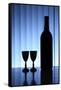 Wine Bottle With Two Glasses, Dramatic Light, Copy-Space For Text-logoboom-Framed Stretched Canvas