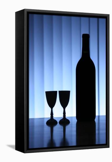 Wine Bottle With Two Glasses, Dramatic Light, Copy-Space For Text-logoboom-Framed Stretched Canvas