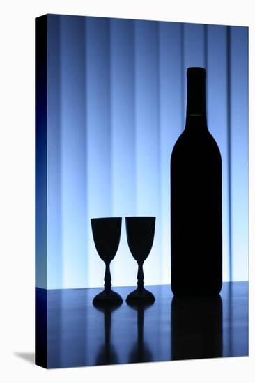 Wine Bottle With Two Glasses, Dramatic Light, Copy-Space For Text-logoboom-Stretched Canvas