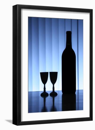 Wine Bottle With Two Glasses, Dramatic Light, Copy-Space For Text-logoboom-Framed Art Print