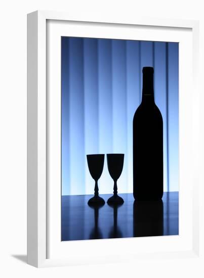 Wine Bottle With Two Glasses, Dramatic Light, Copy-Space For Text-logoboom-Framed Art Print