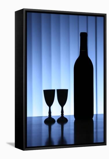 Wine Bottle With Two Glasses, Dramatic Light, Copy-Space For Text-logoboom-Framed Stretched Canvas