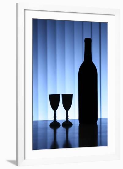 Wine Bottle With Two Glasses, Dramatic Light, Copy-Space For Text-logoboom-Framed Art Print