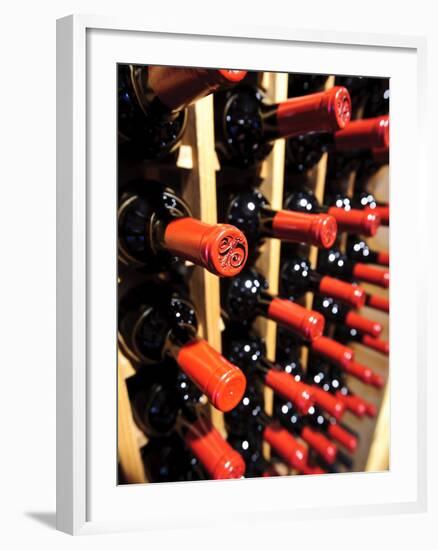 Wine Bottles in a Rack, Temecula, California, USA-Richard Duval-Framed Photographic Print