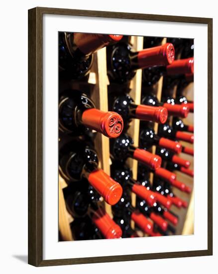 Wine Bottles in a Rack, Temecula, California, USA-Richard Duval-Framed Photographic Print