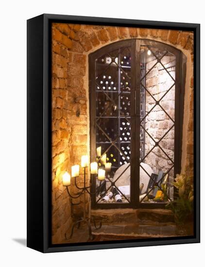 Wine Cellar with Bottles Behind Iron Bars, Stockholm, Sweden-Per Karlsson-Framed Stretched Canvas