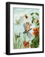 Winged Fairy Riding a Dragonfly Near Nasturtium Flowers, 1882-null-Framed Giclee Print