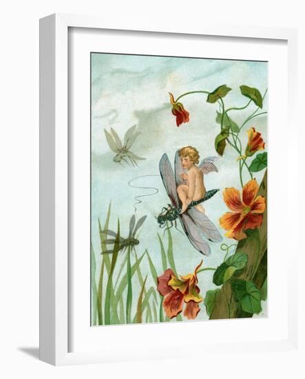 Winged Fairy Riding a Dragonfly Near Nasturtium Flowers, 1882-null-Framed Giclee Print