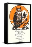 Winking Owl and Witch on Broom-null-Framed Stretched Canvas
