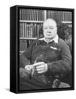Winston Churchill Holding Cigar, Seated in Study at Chartwell Wearing Zippered Jumpsuit-William Sumits-Framed Stretched Canvas