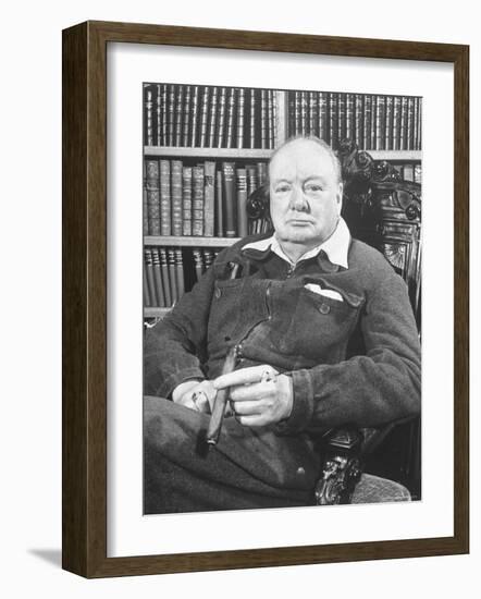 Winston Churchill Holding Cigar, Seated in Study at Chartwell Wearing Zippered Jumpsuit-William Sumits-Framed Premium Photographic Print