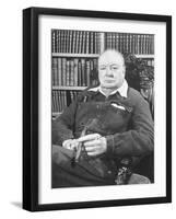 Winston Churchill Holding Cigar, Seated in Study at Chartwell Wearing Zippered Jumpsuit-William Sumits-Framed Premium Photographic Print