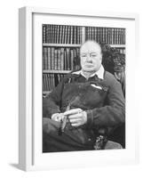 Winston Churchill Holding Cigar, Seated in Study at Chartwell Wearing Zippered Jumpsuit-William Sumits-Framed Premium Photographic Print