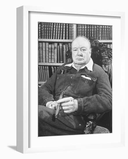 Winston Churchill Holding Cigar, Seated in Study at Chartwell Wearing Zippered Jumpsuit-William Sumits-Framed Premium Photographic Print