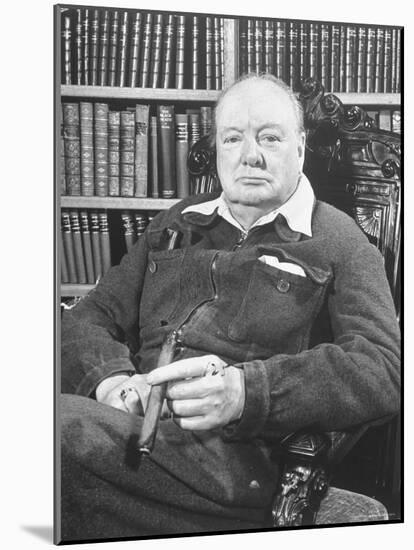 Winston Churchill Holding Cigar, Seated in Study at Chartwell Wearing Zippered Jumpsuit-William Sumits-Mounted Premium Photographic Print