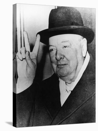 Winston Churchill in Later Life Making His Famous Wartime "V for Victory" Sign-null-Stretched Canvas