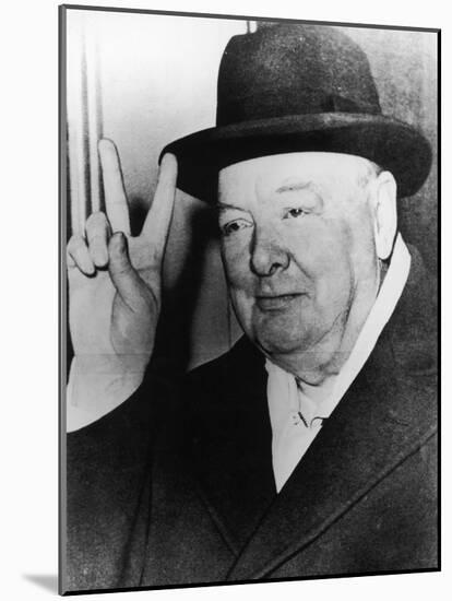 Winston Churchill in Later Life Making His Famous Wartime "V for Victory" Sign-null-Mounted Photographic Print