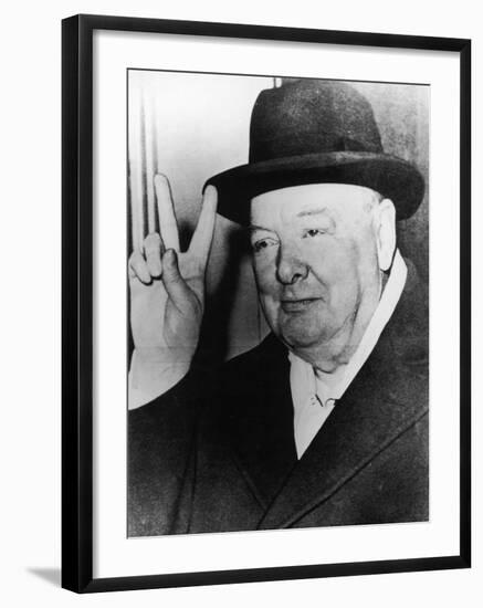 Winston Churchill in Later Life Making His Famous Wartime "V for Victory" Sign-null-Framed Photographic Print