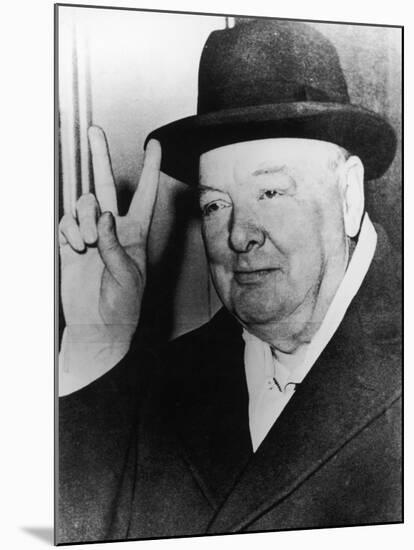 Winston Churchill in Later Life Making His Famous Wartime "V for Victory" Sign-null-Mounted Photographic Print