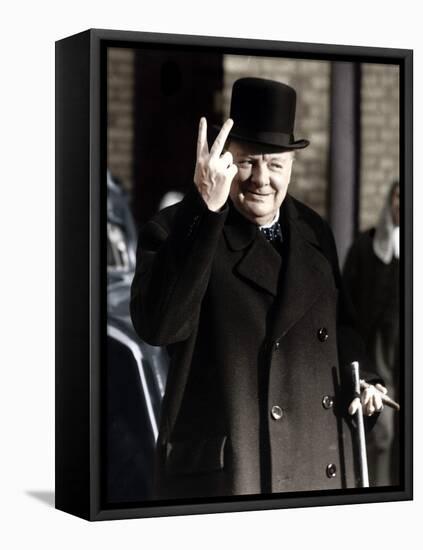 Winston Churchill Making His Famous V for Victory Sign, 1942-null-Framed Stretched Canvas