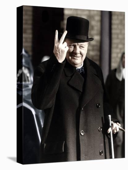 Winston Churchill Making His Famous V for Victory Sign, 1942-null-Stretched Canvas