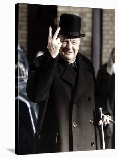 Winston Churchill Making His Famous V for Victory Sign, 1942-null-Stretched Canvas