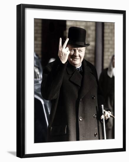 Winston Churchill Making His Famous V for Victory Sign, 1942-null-Framed Premium Photographic Print