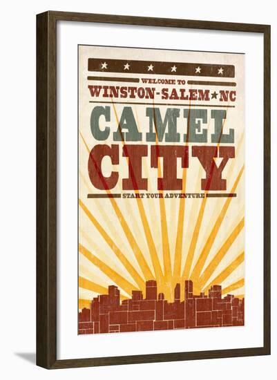 Winston-Salem, North Carolina - Skyline and Sunburst Screenprint Style-Lantern Press-Framed Art Print