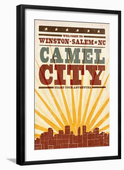 Winston-Salem, North Carolina - Skyline and Sunburst Screenprint Style-Lantern Press-Framed Art Print