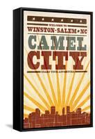 Winston-Salem, North Carolina - Skyline and Sunburst Screenprint Style-Lantern Press-Framed Stretched Canvas