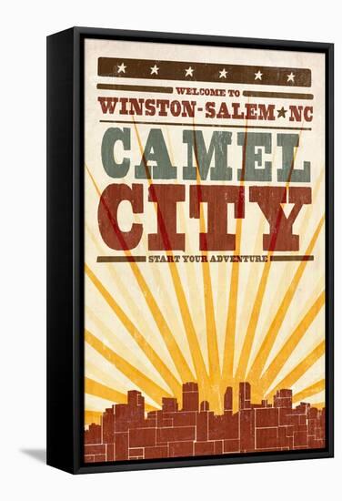 Winston-Salem, North Carolina - Skyline and Sunburst Screenprint Style-Lantern Press-Framed Stretched Canvas