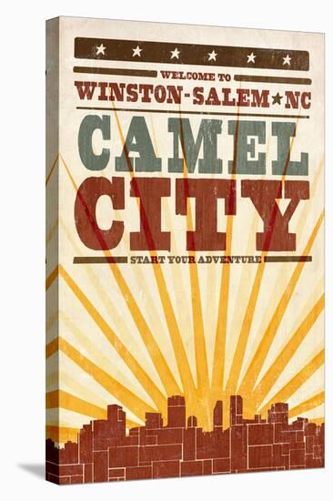 Winston-Salem, North Carolina - Skyline and Sunburst Screenprint Style-Lantern Press-Stretched Canvas