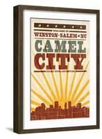 Winston-Salem, North Carolina - Skyline and Sunburst Screenprint Style-Lantern Press-Framed Art Print