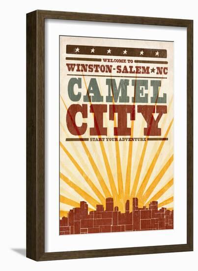 Winston-Salem, North Carolina - Skyline and Sunburst Screenprint Style-Lantern Press-Framed Art Print