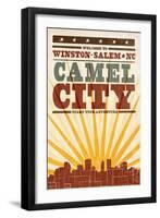 Winston-Salem, North Carolina - Skyline and Sunburst Screenprint Style-Lantern Press-Framed Art Print